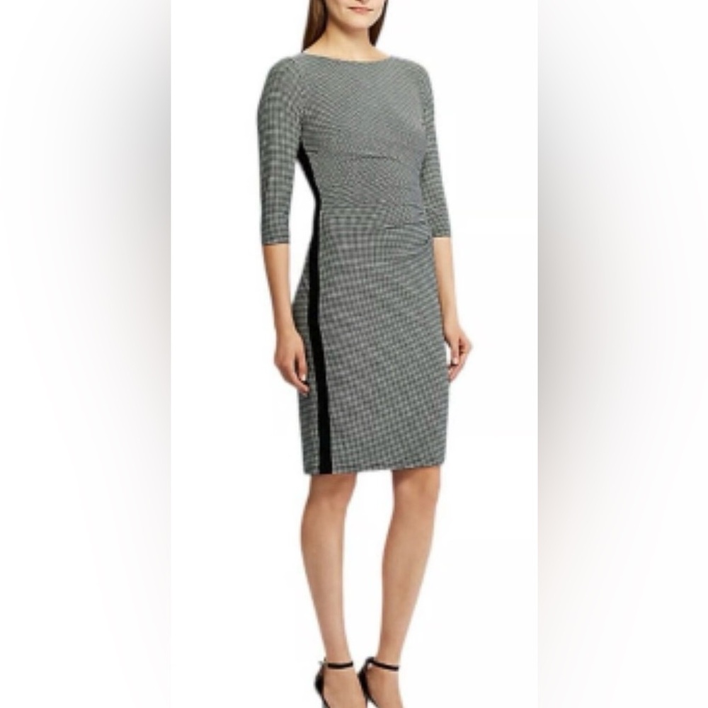 NEW Lauren Ralph Lauren 3/4 Sleeve Faux Wrap Checked Dress Size 10 Slimming $125